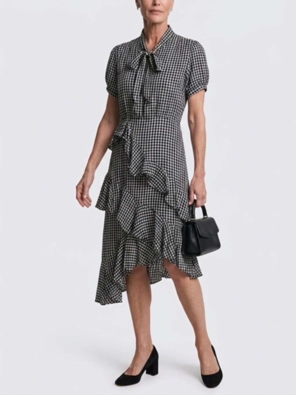 Great Jones Asymmetrical Black & White Gingham Tie-Neck Dress